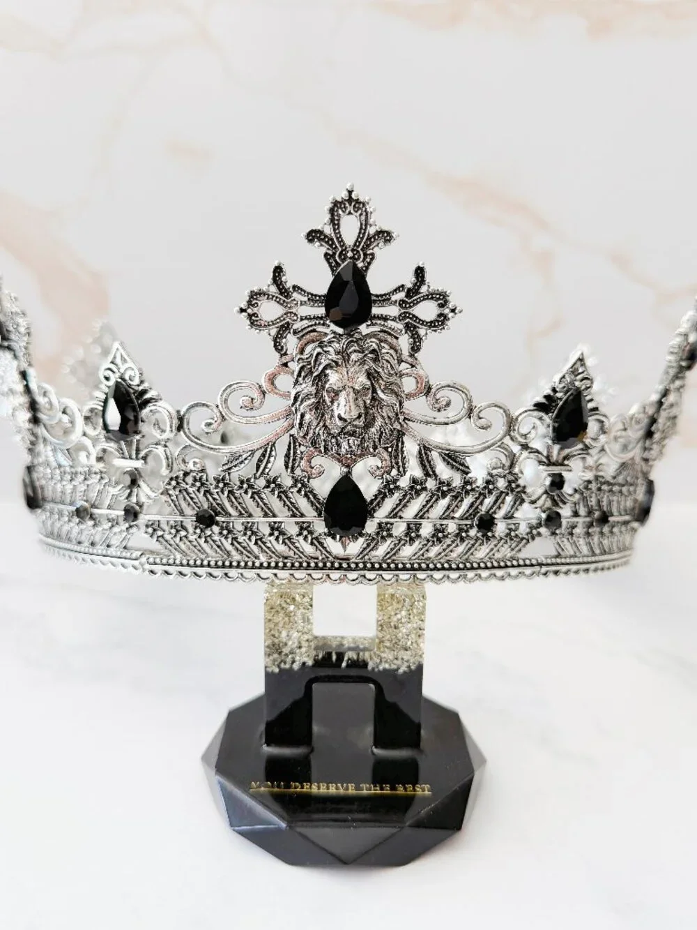 Silver Lion King Crown Black Crystal Cross Medieval Royal Cosplay Wedding Prom